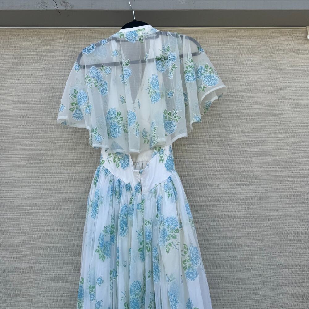 Vintage Floral Halter Maxi Dress with Sheer Cape Romantic Satin Gown Low Back XS - Picture 8 of 10